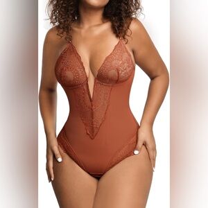 New Popilush Shapewear Bodysuit Tummy
Control Lace Trim Bodysuit in Rust Brown